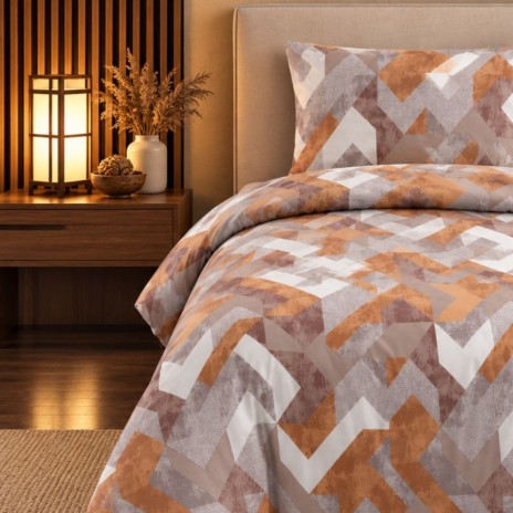 lenjerie pat 1 persoana Rayce Brown bumbac ranforce cu elastic model geometric maro teracota bej si crem First Choice