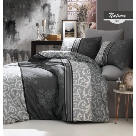 Lenjerie pat 3 piese, bumbac 100% ranforce,1 persoana,  Bahar Home, Natura Grey