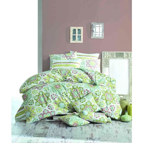 Lenjerie pat 3 piese, bumbac 100% ranforce,1 persoana,  Bahar Home, Ornament V1 Verde