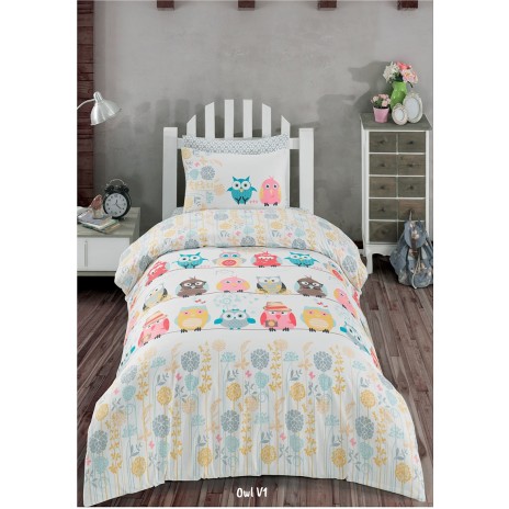 Lenjerie pat 3 piese, bumbac 100% ranforce,1 persoana,  Class Home Collection, Owl