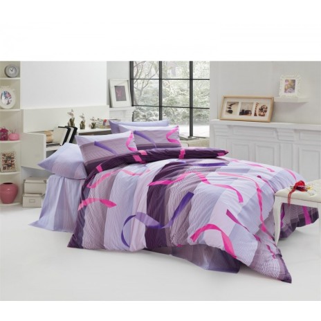 Lenjerie pat 3 piese, bumbac 100% ranforce,1 persoana,  Bahar Home, Ribbon Lilac