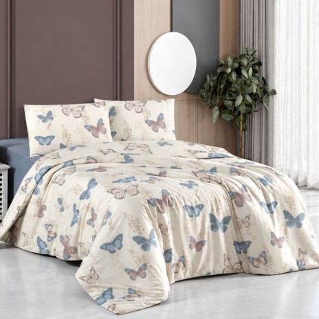 Lenjerie de pat bej cu fluturi Elery, bumbac 100%, 4 piese, cearșaf elastic, saltele 140x200 cm și 160x200 cm, design elegant alb