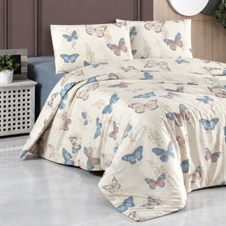 Lenjerie de pat bej cu fluturi Elery, bumbac 100%, 4 piese, cearșaf elastic, saltele 140x200 cm și 160x200 cm, design elegant alb
