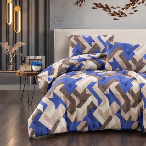 Lenjerie de pat bej cu model zig zag RAYCE, bumbac 100%, 4 piese, cearșaf elastic, saltele 140x200 cm și 160x200 cm, design geometric albastru, bej, gri