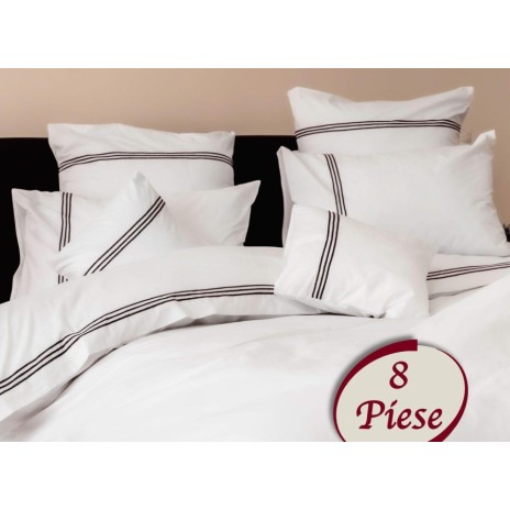 Lenjerie de pat brodată din bumbac 100% ranforce, 8 piese, alb cu accente mov, broderii liniare elegante