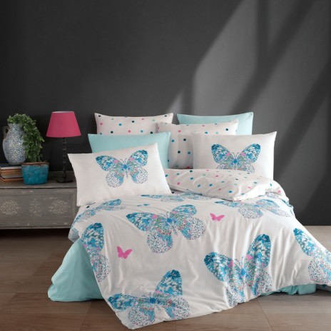 Lenjerie de pat Bahar Textile din bumbac 100% ranforce, set de 6 piese, cu design floral de fluturi albastru și roz pe fundal alb