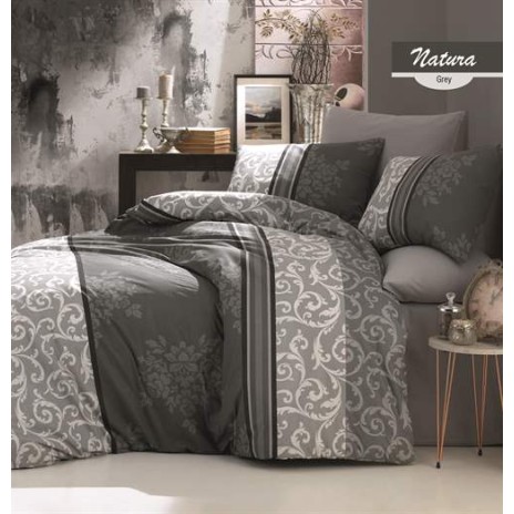 Lenjerie de pat din bumbac ranforce 100% cu 6 piese, model floral clasic în nuanțe de gri și alb, decorată cu detalii elegante și accente sofisticate