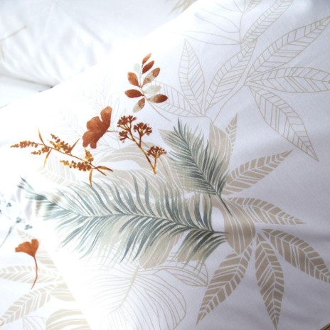 Lenjerie de pat First Choice Chanel Ecru 6 piese bumbac 100% ranforce cu imprimeu floral teracota si frunze verde salvie