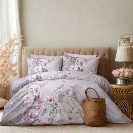 Lenjerie de pat First Choice Gracie Ash 6 piese bumbac 100% ranforce imprimeu floral roz lila pe fundal gri