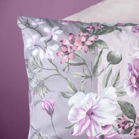 Lenjerie de pat First Choice Gracie Ash 6 piese bumbac 100% ranforce imprimeu floral roz lila pe fundal gri