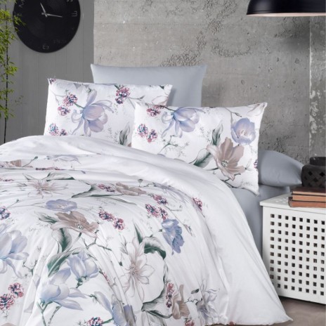 Lenjerie pat bumbac 100% ranforce 6 piese First Choice Layla flori bej gri 200x220 cu cearceaf de pat uni