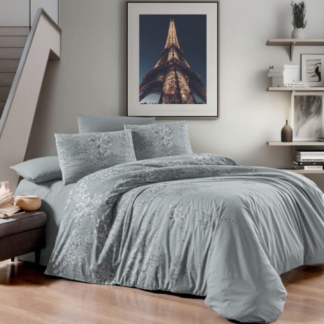Lenjerie pat bumbac 100% ranforce 6 piese First Choice Rumisa gri floral 200x2200 cu cearceaf de pat uni