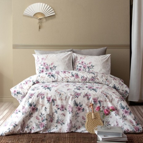 Lenjerie de pat First Choice Sheran Gri 6 piese bumbac ranforce cu imprimeu floral ornamental roz lila si cearsaf uni gri