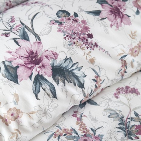 Lenjerie de pat First Choice Sheran Gri 6 piese bumbac ranforce cu imprimeu floral ornamental roz lila si cearsaf uni gri