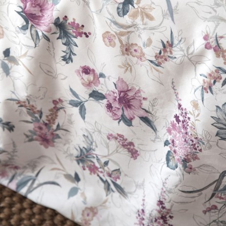 Lenjerie de pat First Choice Sheran Gri 6 piese bumbac ranforce cu imprimeu floral ornamental roz lila si cearsaf uni gri