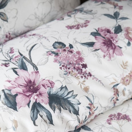 Lenjerie de pat First Choice Sheran Gri 6 piese bumbac ranforce cu imprimeu floral ornamental roz lila si cearsaf uni gri