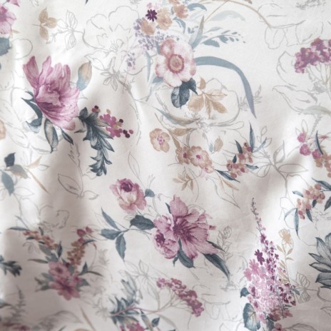 Lenjerie de pat First Choice Sheran Gri 6 piese bumbac ranforce cu imprimeu floral ornamental roz lila si cearsaf uni gri
