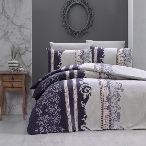 Lenjerie pat bumbac 100% ranforce 6 piese First Choice Wals Indigo 200x220 design baroc cu cearceaf de pat uni