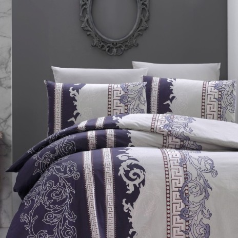 Lenjerie pat bumbac 100% ranforce 6 piese First Choice Wals Indigo 200x220 design baroc cu cearceaf de pat uni