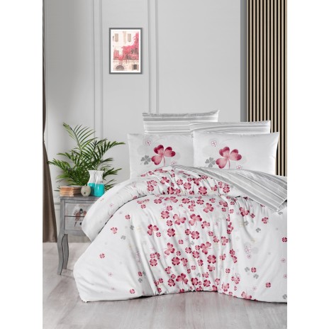 Lenjerie de pat Story Home Change Powder din bumbac cu model floral roz și gri