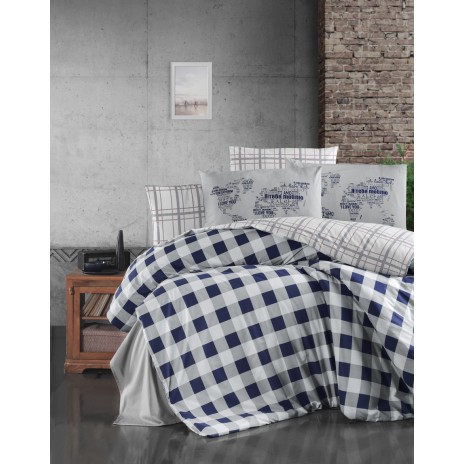 Lenjerie de pat Story Home Edmond Navy Blue din bumbac cu model carouri albastru închis și alb