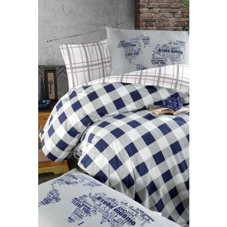 Lenjerie de pat Story Home Edmond Navy Blue din bumbac cu model carouri albastru închis și alb