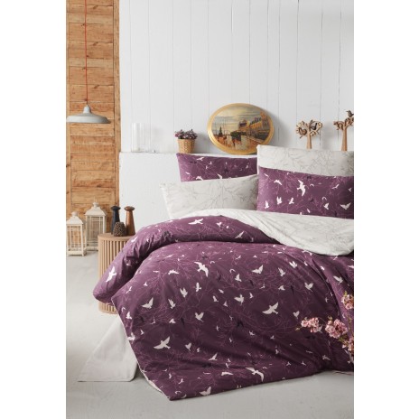 Lenjerie de pat Story Home Freedom Damson din bumbac cu model de păsări albe pe fundal vișiniu