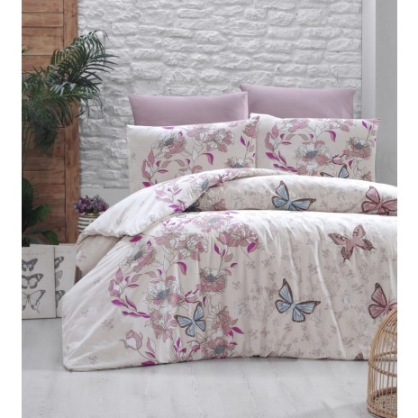 Lenjerie de pat Story Home Kelebek Powder din bumbac cu model flori și fluturi în nuanțe de roz, albastru și mov pe fundal crem