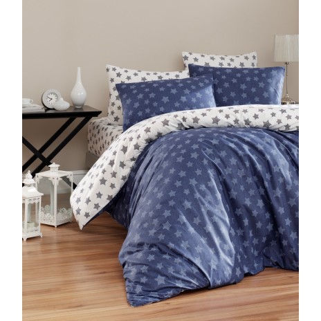 Lenjerie de pat Story Home Light Navy Blue din bumbac cu model de stele albastre și gri pe fundal albastru închis și alb