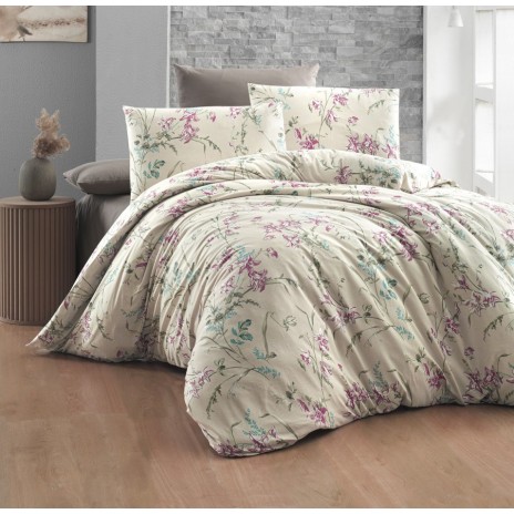 Lenjerie de pat Story Home Maddy din bumbac cu model floral în nuanțe de roz și verde pe fundal crem