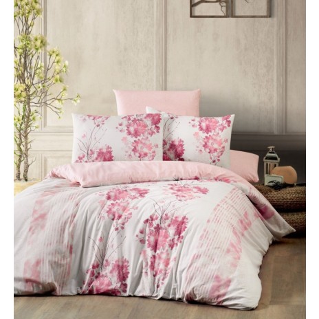 Lenjerie de pat Story Home Rina din bumbac 100% ranforce, cu design floral roz pe fundal alb și roz pal