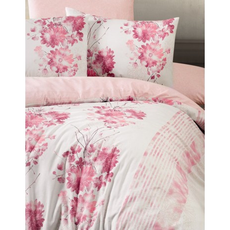 Lenjerie de pat Story Home Rina din bumbac 100% ranforce, cu design floral roz pe fundal alb și roz pal