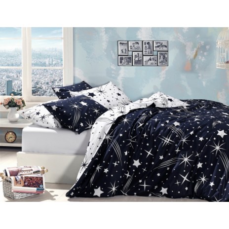 Lenjerie de pat Story Home Star din bumbac 100% ranforce, cu design stelar alb pe fundal albastru închis și alb