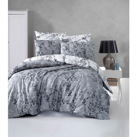Lenjerie de pat Story Home Zena Grey din bumbac 100% ranforce, cu design floral alb-negru pe fundal gri