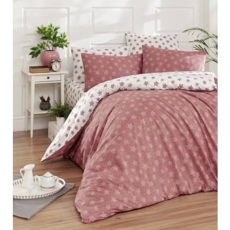 Lenjerie de pat Story Home Light Rose din bumbac cu model de stele roz și gri pe fundal roz și alb