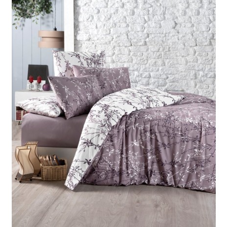 Lenjerie de pat Story Home Zena Lilac din bumbac 100% ranforce, cu design floral alb-lila pe fundal lila și alb