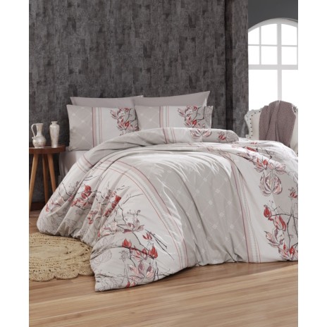 Lenjerie de pat Story Home Arnica Soil din bumbac cu model floral roșu și gri