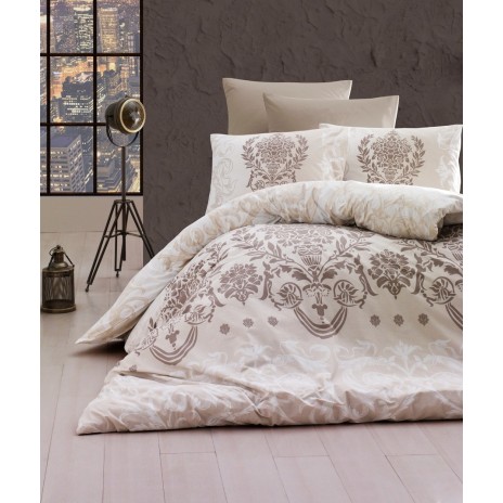 Lenjerie de pat Story Home Dalyan Ecru din bumbac cu model baroc maro pe fundal bej