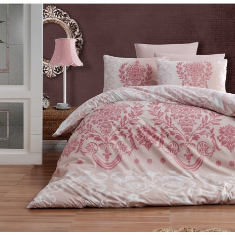 Lenjerie de pat Story Home Dalyan Powder din bumbac cu model baroc roz pe fundal crem