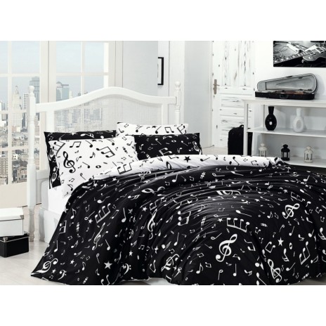 Lenjerie de pat Story Home Major Black din bumbac cu model note muzicale alb-negru pe fundal negru și alb