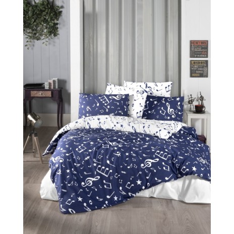 Lenjerie de pat bumbac 100% ranforce Major Dark Navy Blue cu motive muzicale albe pe fundal albastru închis și alb