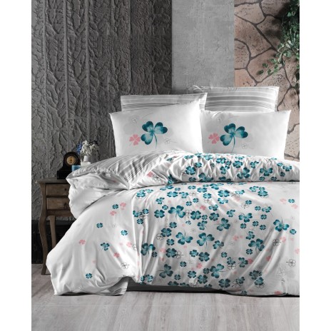 Lenjerie de pat Story Home Change Turcoaz din bumbac cu model de trifoi turcoaz și roz