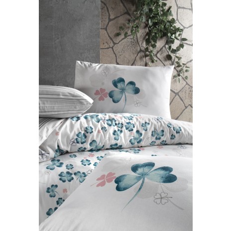 Lenjerie de pat Story Home Change Turcoaz din bumbac cu model de trifoi turcoaz și roz