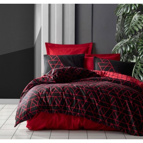 Lenjerie de pat dublu din bumbac 100% ranforce cu design geometric în linii roșii pe fundal negru