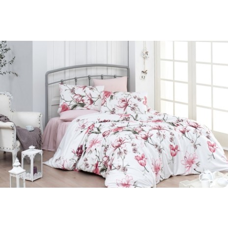 Lenjerie de pat Story Home Layla Salmon din bumbac cu model floral în nuanțe de roz somon și verde pe fundal alb