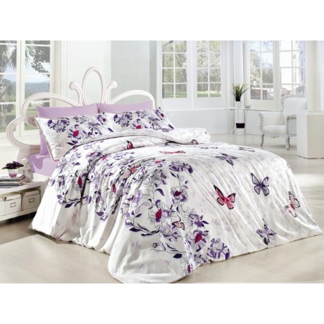 Lenjerie de pat Story Home Kelebek Lilac din bumbac cu model flori și fluturi în nuanțe de mov și roz pe fundal alb