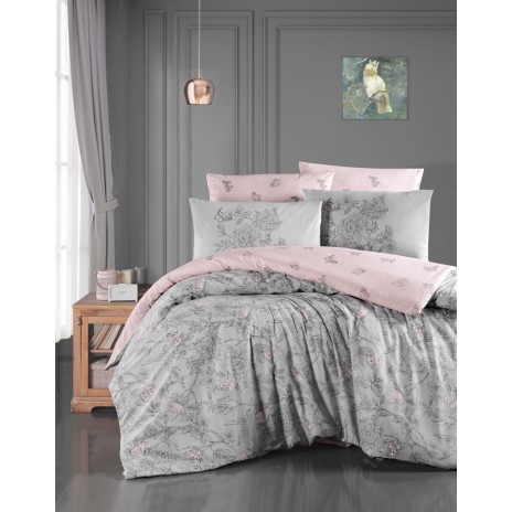Lenjerie de pat Story Home Paradise Grey din bumbac 100% ranforce, cu design floral gri și roz pe fundal gri deschis
