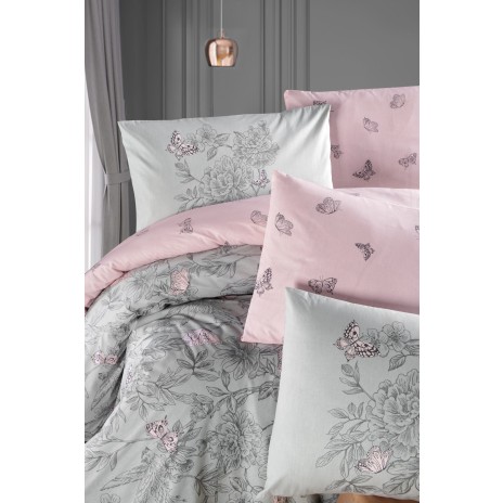Lenjerie de pat Story Home Paradise Grey din bumbac 100% ranforce, cu design floral gri și roz pe fundal gri deschis