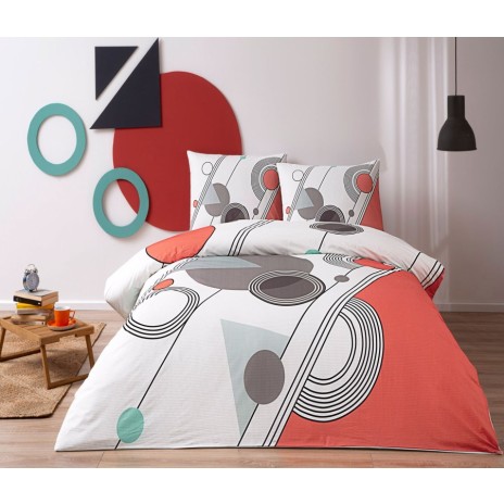Lenjerie de pat cu elastic pentru saltea de 160x200 cm, design geometric modern în nuanțe de gri, negru și roșu, bumbac 100% ranforce