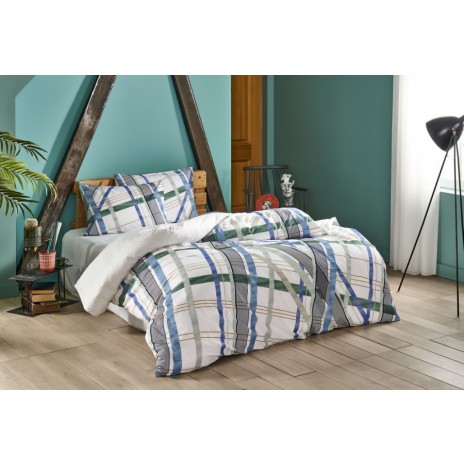 Lenjerie de pat din bumbac 100% ranforce cu design geometric în nuanțe de albastru și gri